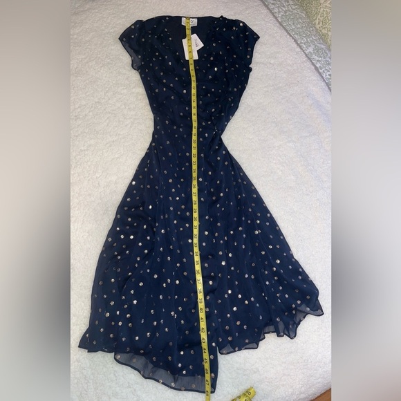 NWT ~ SUD Express ~ Wrap Dress Navy Blue with Gold Polka Dots Women's Small - Picture 3 of 5